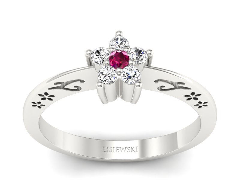 Pierścionek z rubinem i brylantami białe złoto - P15109Br - 1