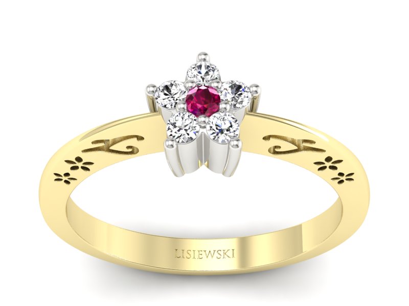 Złoty pierścionek z rubinem i brylantami - P15109ZBr - 1