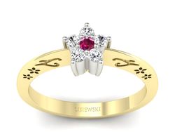 Złoty pierścionek z rubinem i brylantami - P15109ZBr