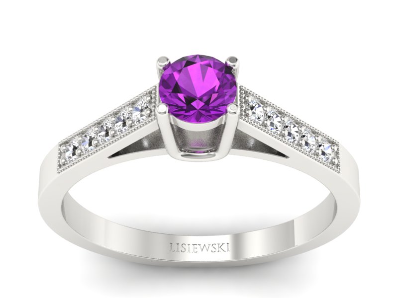 Złoty pierścionek z ametystem i brylantami - P15138bam - 1