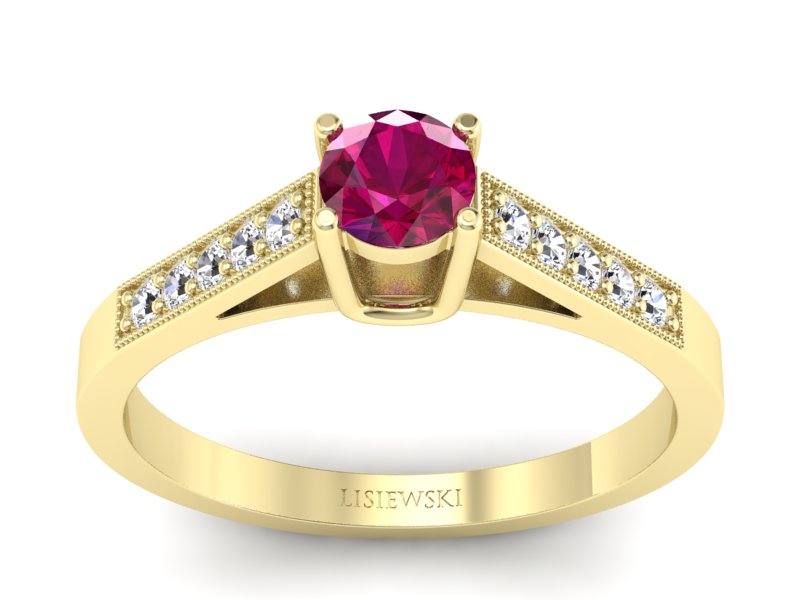 Pierścionek z rubinem i brylantami żółte złoto - P15138zr - 1