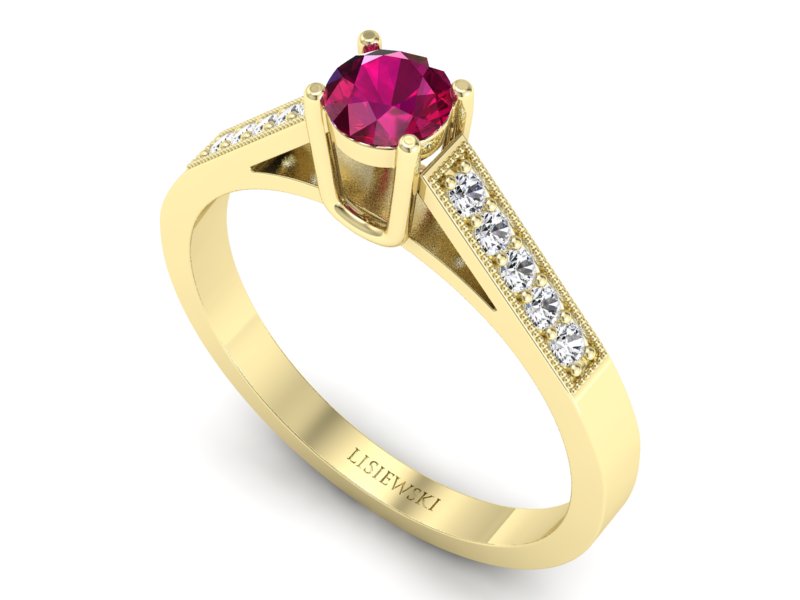 Pierścionek z rubinem i brylantami żółte złoto - P15138zr - 3