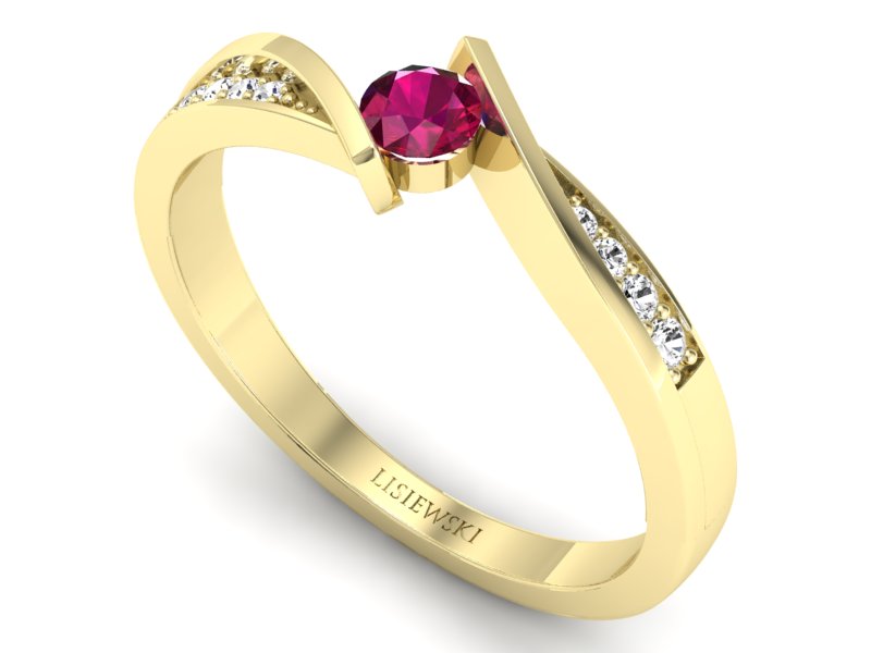 Złoty pierścionek z rubinem i brylantami - P15169zr