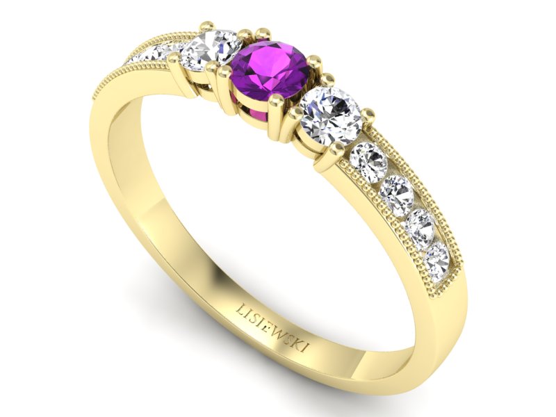 Pierścionek z ametystem i diamentami złoto 585 - p15204zat - 3