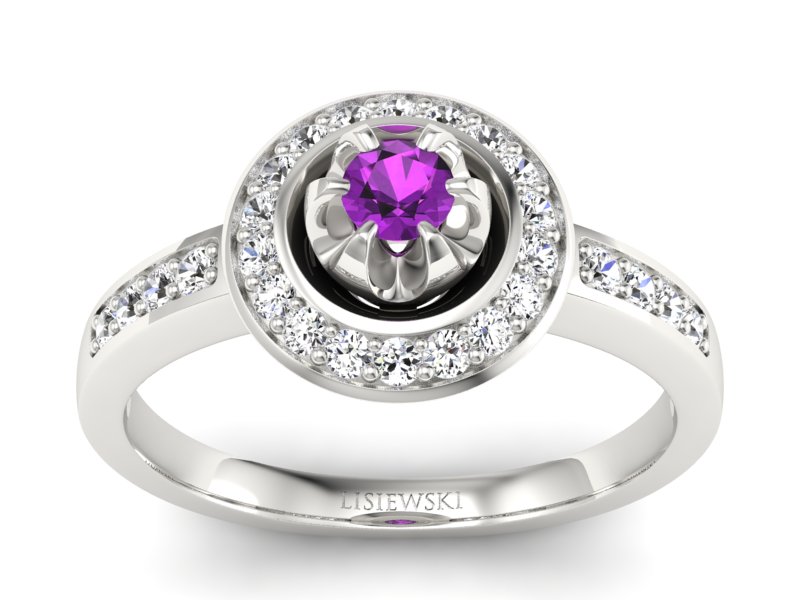 Złoty pierścionek z ametystem i brylantami - P15232bam - 1