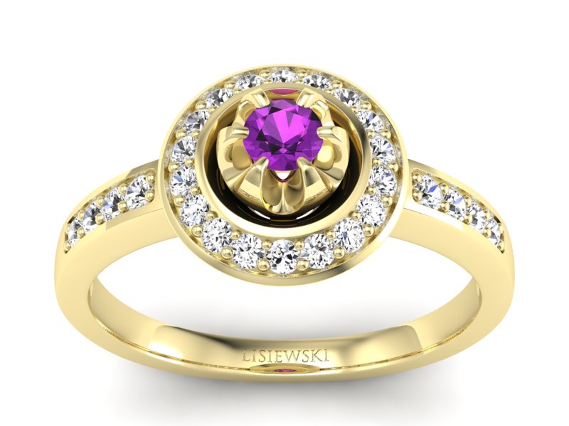 Złoty pierścionek z ametystem i brylantami - P15232zam - 1
