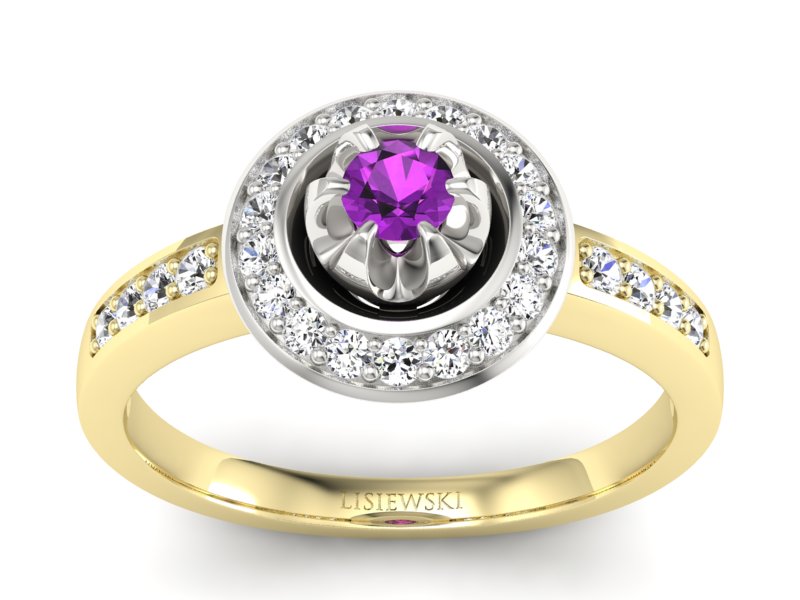 Złoty pierścionek z ametystem i brylantami - P15232zbam - 1