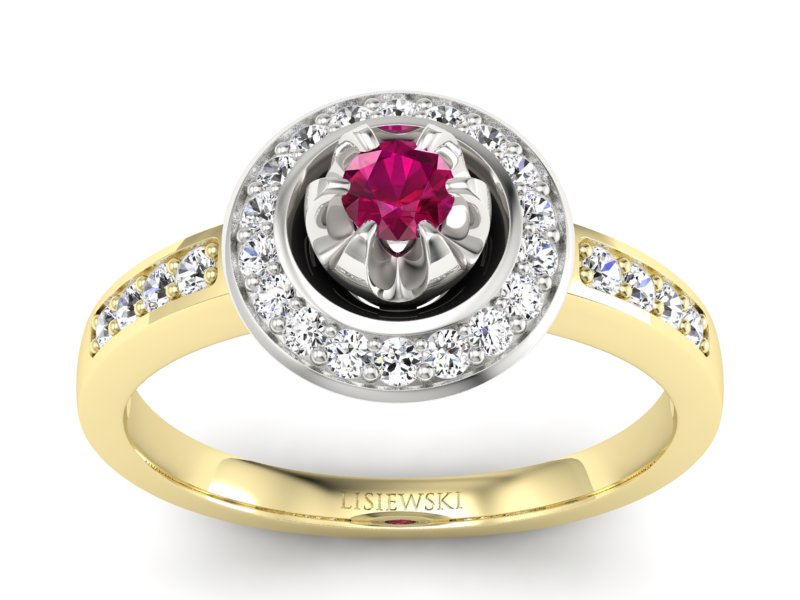 Złoty pierścionek z rubinem i brylantami - P15232zbr - 1