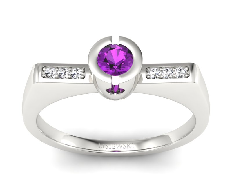 Złoty pierścionek z ametystem i brylantami - P15248bam - 1