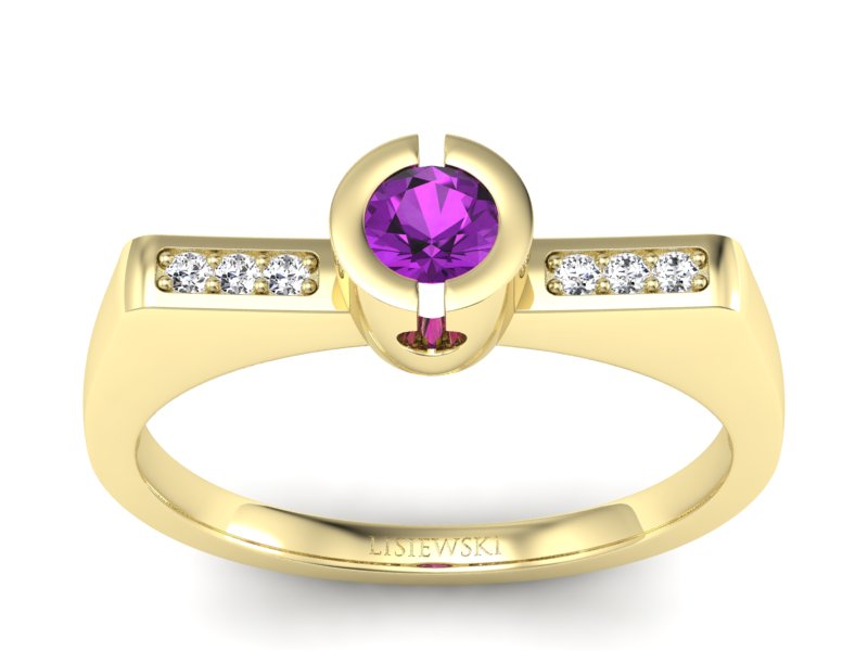 Pierścionek ametyst i brylanty żółte złoto - P15248zam - 1