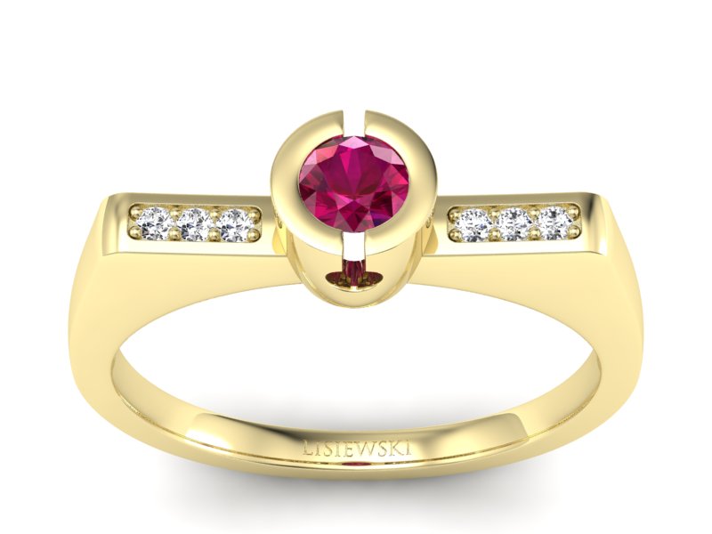 Złoty pierścionek z rubinem i brylantami - P15248zr - 1