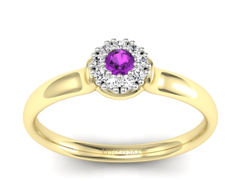 Pierścionek z ametystem i diamentami żółte złoto - P15249zam - 1