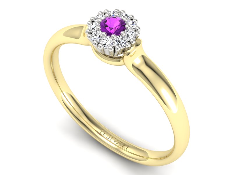 Pierścionek z ametystem i diamentami żółte złoto - P15249zam - 3