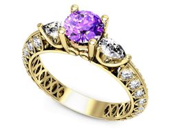 Pierścionek z ametystem i diamentami złoto 585 - P15279zat