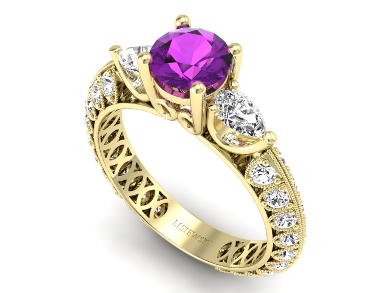 Pierścionek z ametystem i diamentami - P15279zat - 3
