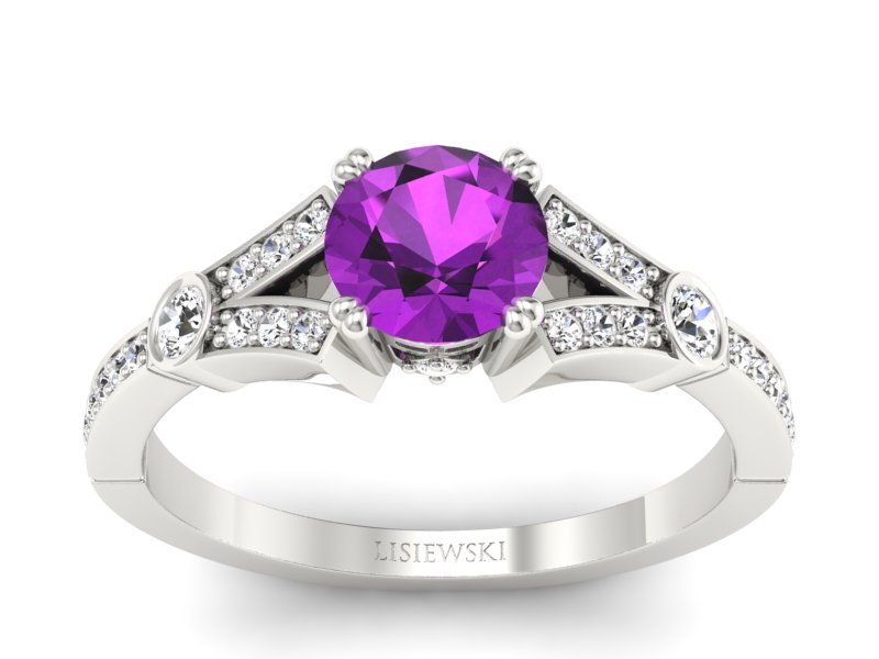 Złoty pierścionek z ametystem i brylantami - P15304bam - 1