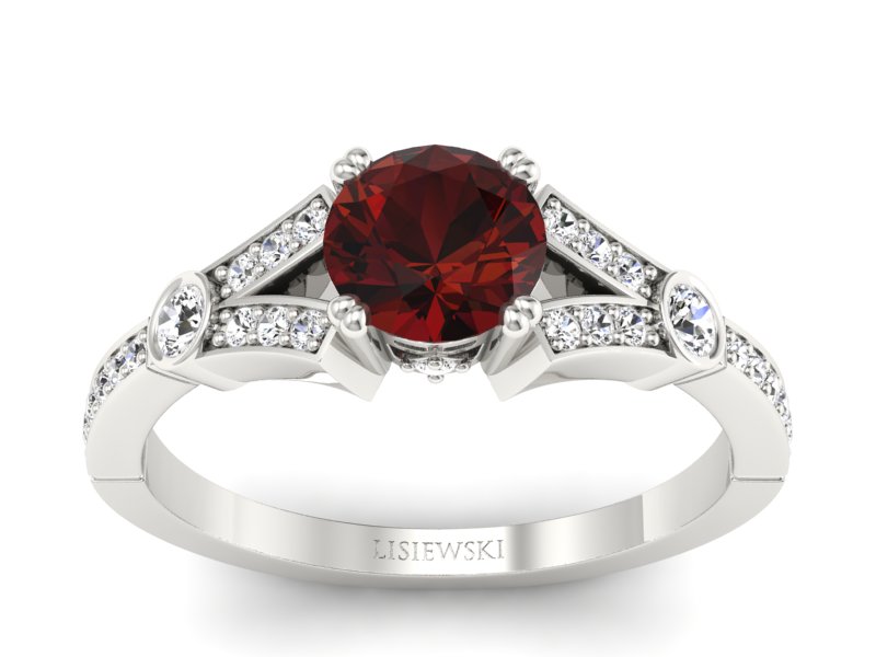 Pierścionek z granatem i brylantami białe złoto - P15304bgr - 1