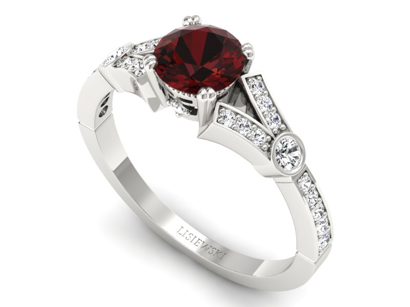 Pierścionek z granatem i brylantami białe złoto - P15304bgr - 3