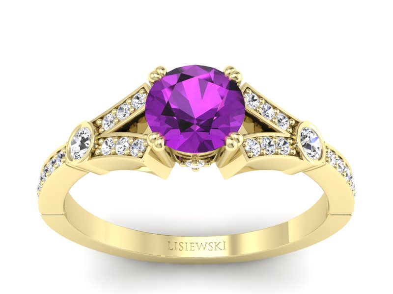 Pierścionek ametyst i brylanty żółte złoto - P15304zam - 1