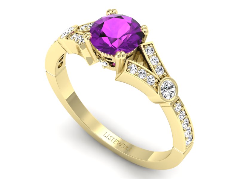 Pierścionek ametyst i brylanty żółte złoto - P15304zam - 3