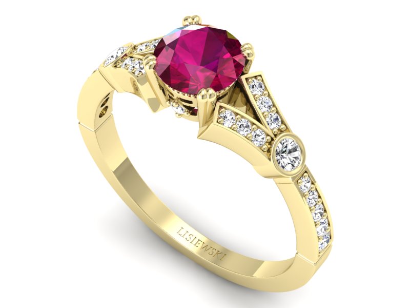 Pierścionek z rubinem i brylantami żółte złoto - P15304zr - 3