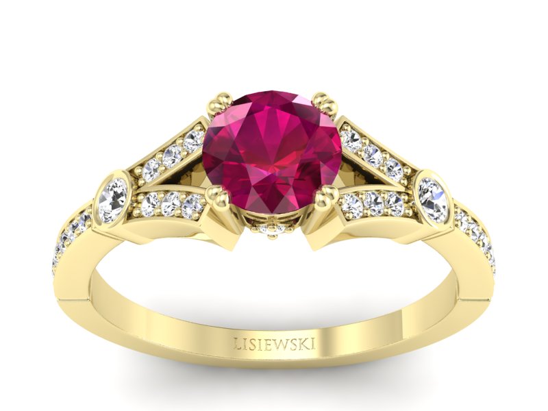 Pierścionek z rubinem i brylantami żółte złoto - P15304zr - 1