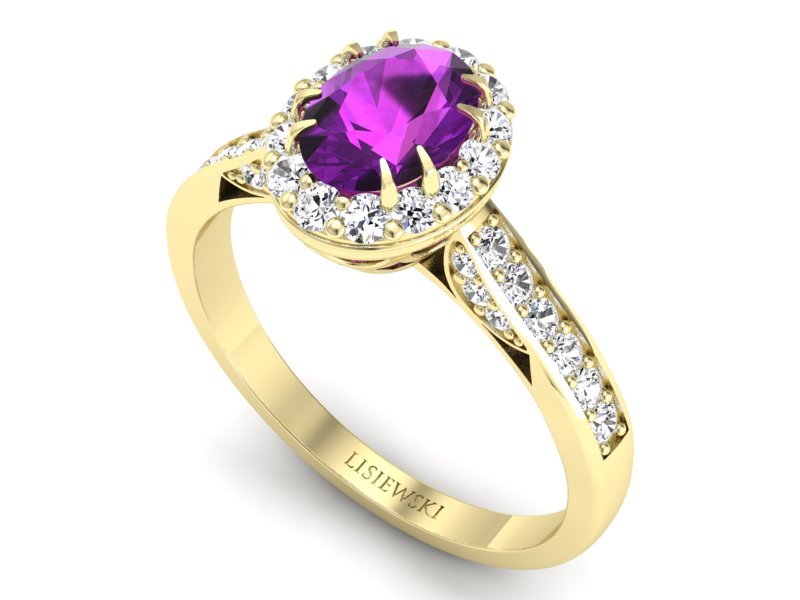 Pierścionek ametyst i brylanty żółte złoto - p16025zam - 3