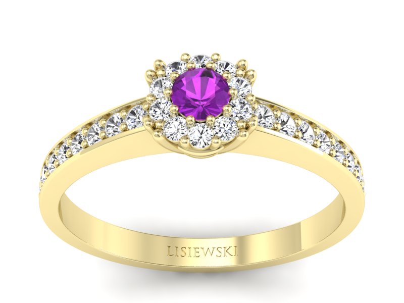 Pierścionek ametyst i brylanty żółte złoto - p16028zat - 1