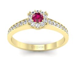 Pierścionek z rubinem i brylantami żółte złoto - p16028zr