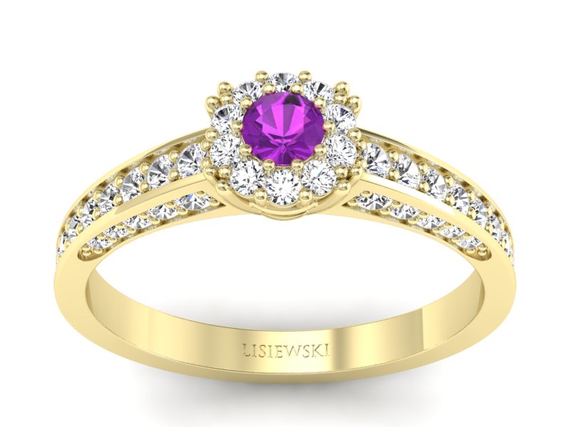 Pierścionek z ametystem i brylantami żółte złoto - p16029zat - 1
