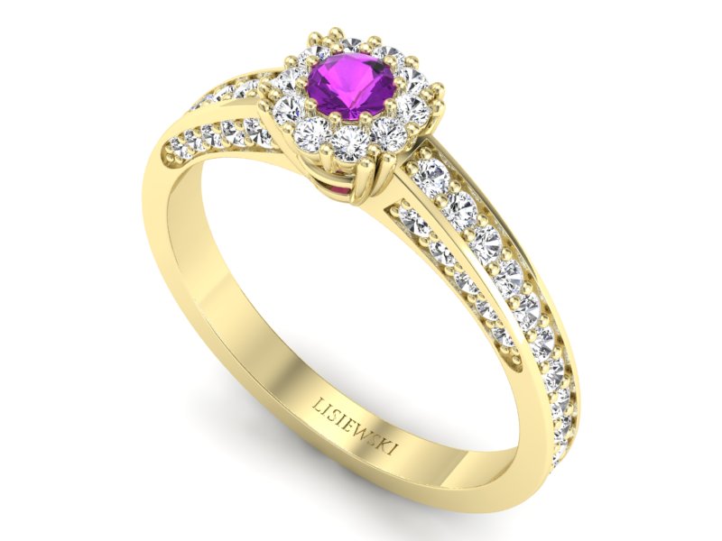 Pierścionek ametyst i brylanty żółte złoto 585 - p16029zat