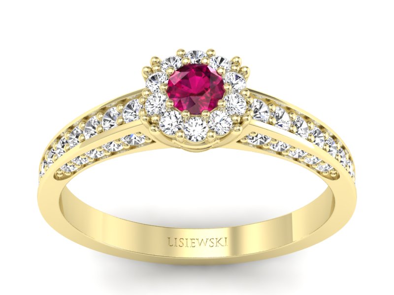Pierścionek z rubinem i brylantami żółte złoto - p16029zr - 1