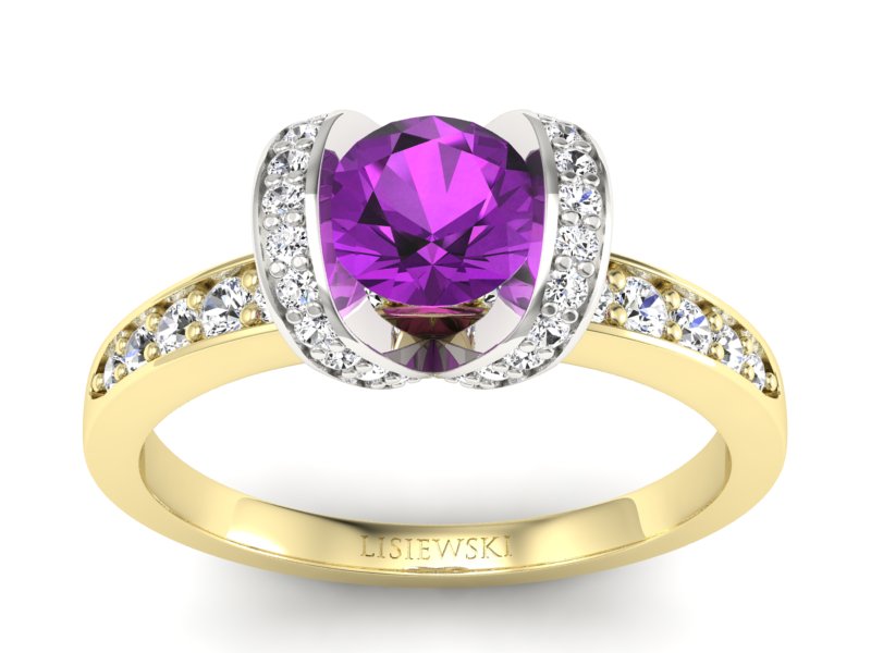 Pierścionek ametyst brylanty żółte białe złoto - p16034zbat - 1