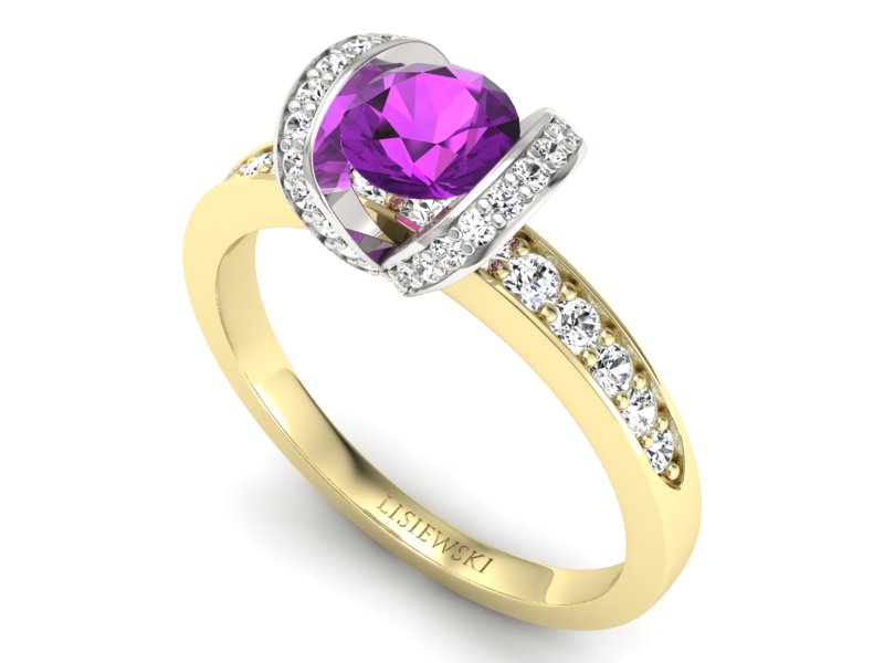 Pierścionek ametyst brylanty żółte białe złoto - p16034zbat - 3