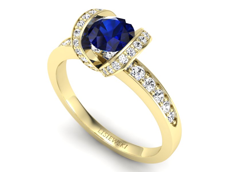 Złoty Pierścionek z szafirem i diamentami - p16034zsz - 3