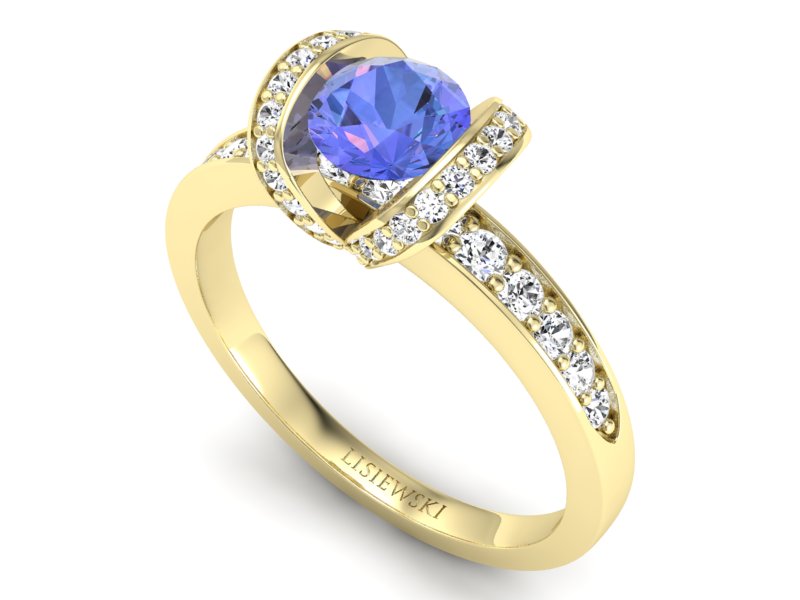 Pierścionek z tanzanitem i brylantami żółte złoto - p16034zt - 3