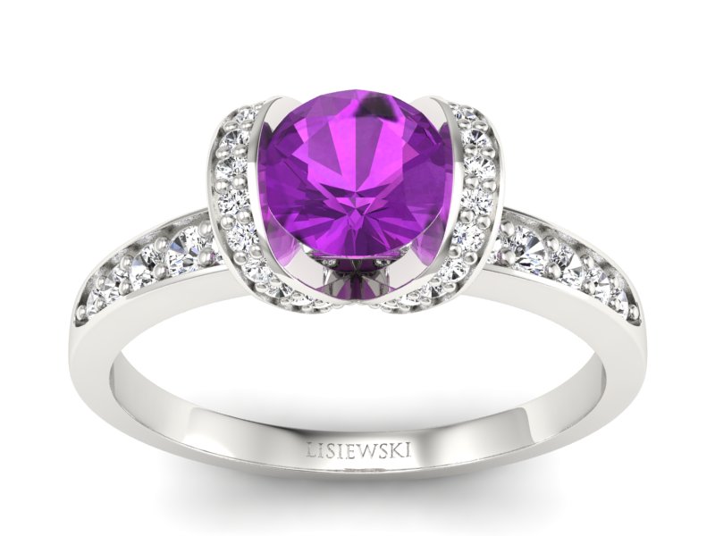 Pierścionek z ametystem i brylantami białe złoto - p16035bat - 1