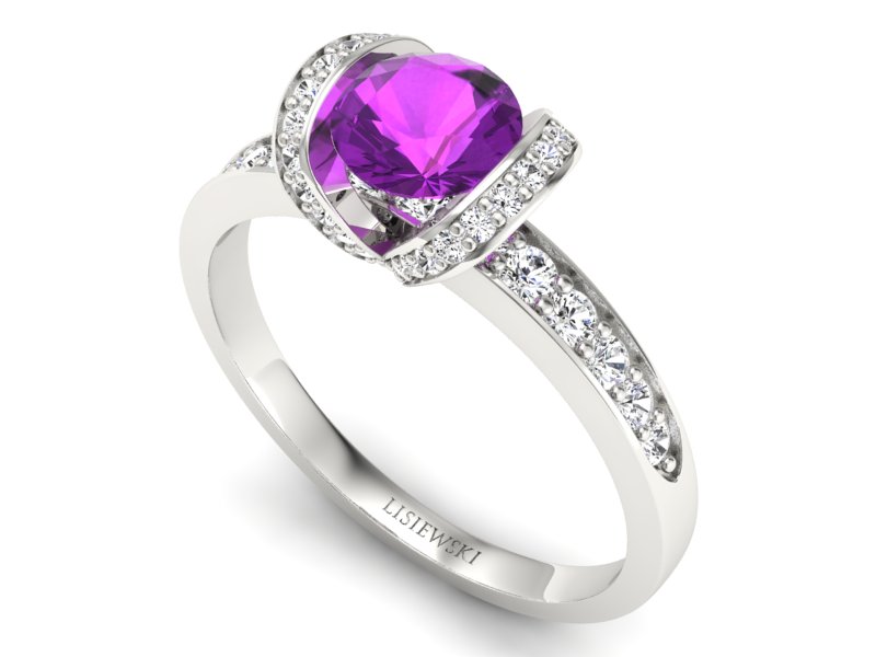 Pierścionek z ametystem i brylantami białe złoto - p16035bat - 3