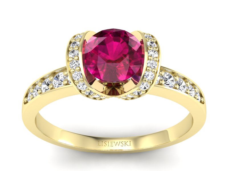 Pierścionek z rubinem i brylantami żółte złoto - p16035zr - 1