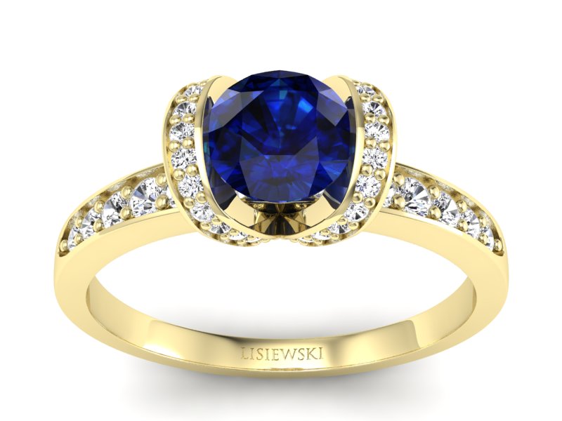 Złoty Pierścionek z szafirem i diamentami - p16035zsz - 1