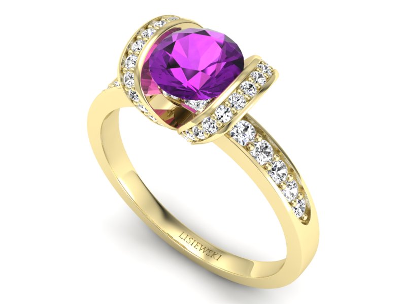 Pierścionek ametyst i brylanty żółte złoto 585 - p16036zat