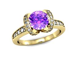 Pierścionek ametyst i brylanty żółte złoto 585 - p16036zat