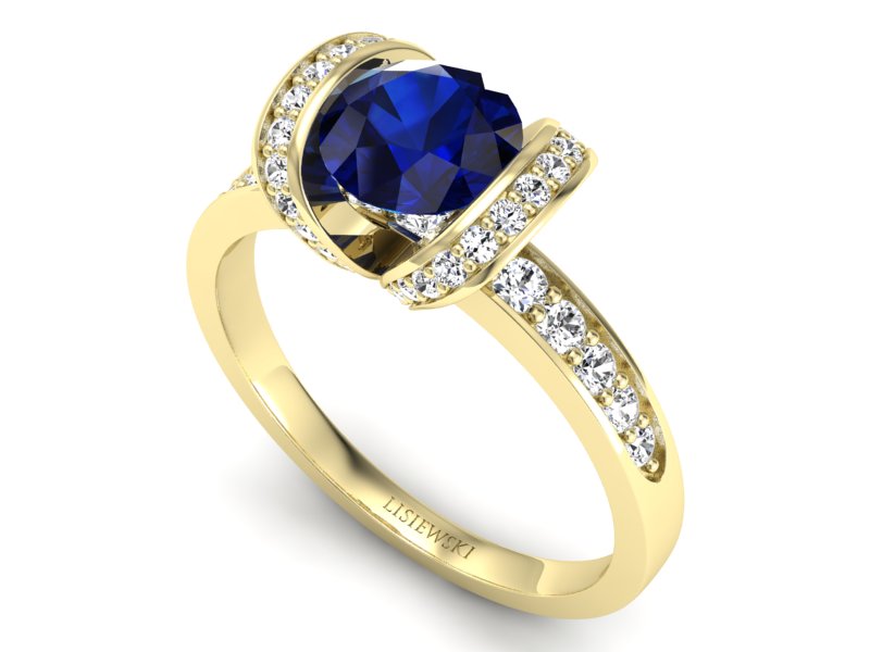 Złoty Pierścionek z szafirem i diamentami - p16036zsz