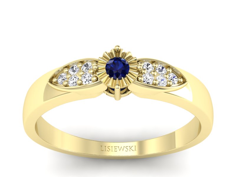 Złoty Pierścionek z szafirem i diamentami - p16049zsz - 1