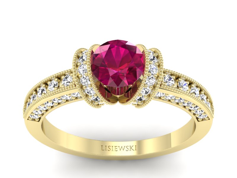 Pierścionek z rubinem i brylantami żółte złoto - p16061zr - 1