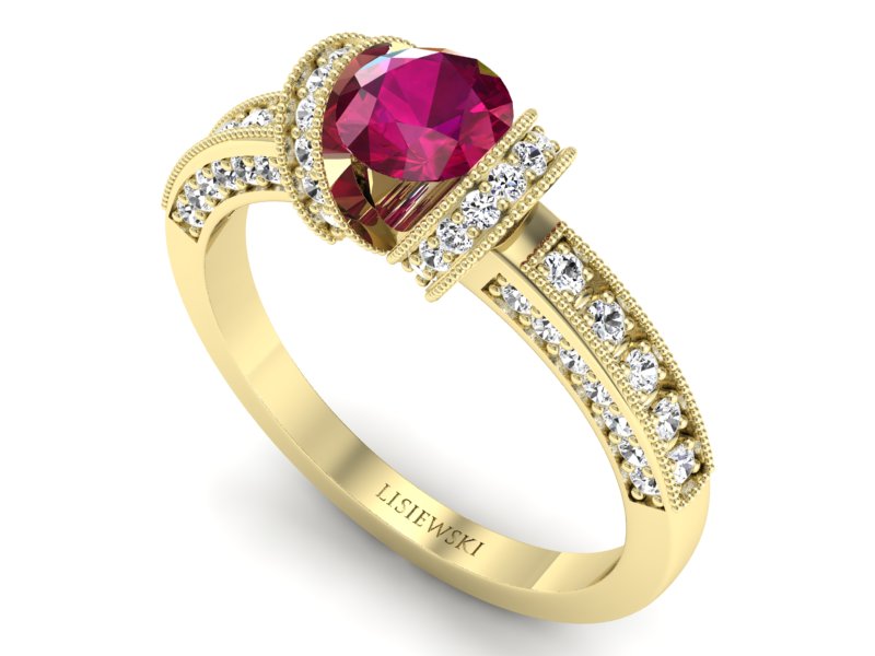 Pierścionek z rubinem i brylantami żółte złoto - p16061zr