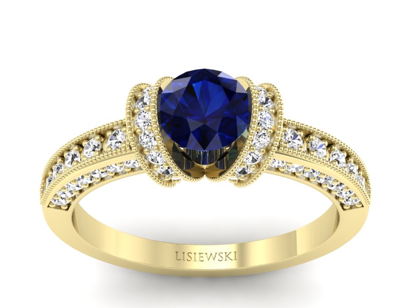 Złoty Pierścionek z szafirem i brylantami - p16061zsz - 1