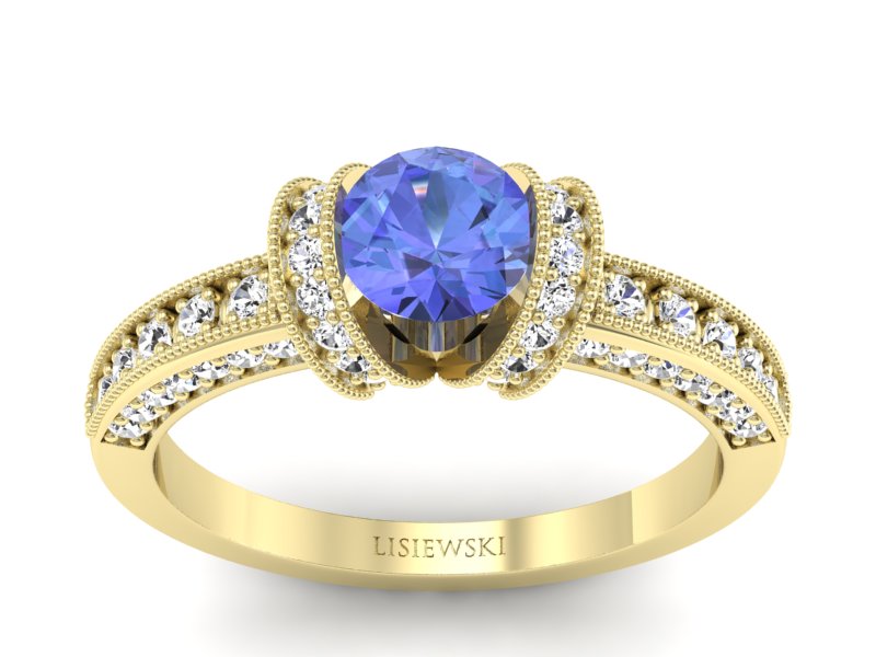 Pierścionek z tanzanitem i brylantami żółte złoto - p16061zt - 1