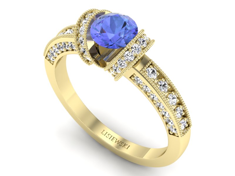 Pierścionek z tanzanitem i brylantami żółte złoto - p16061zt - 3