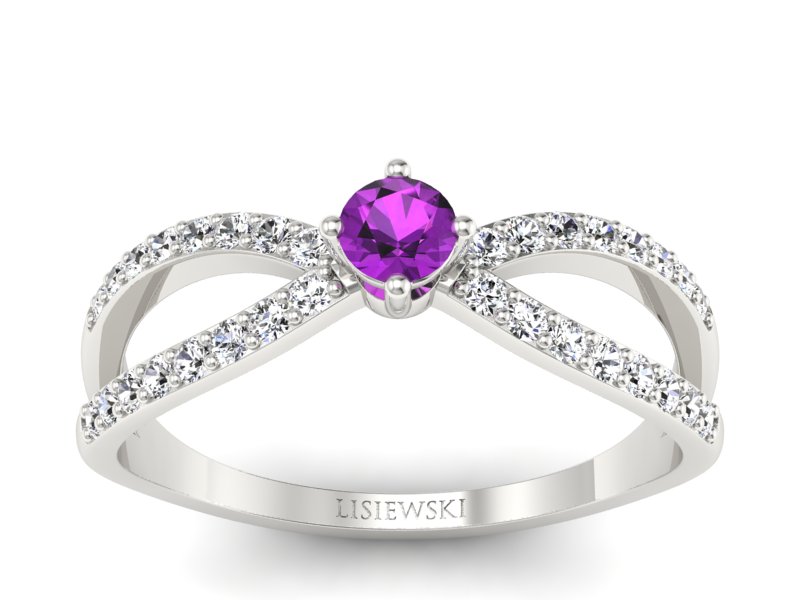 Pierścionek z ametystem i brylantami białe złoto - p16067bat - 1
